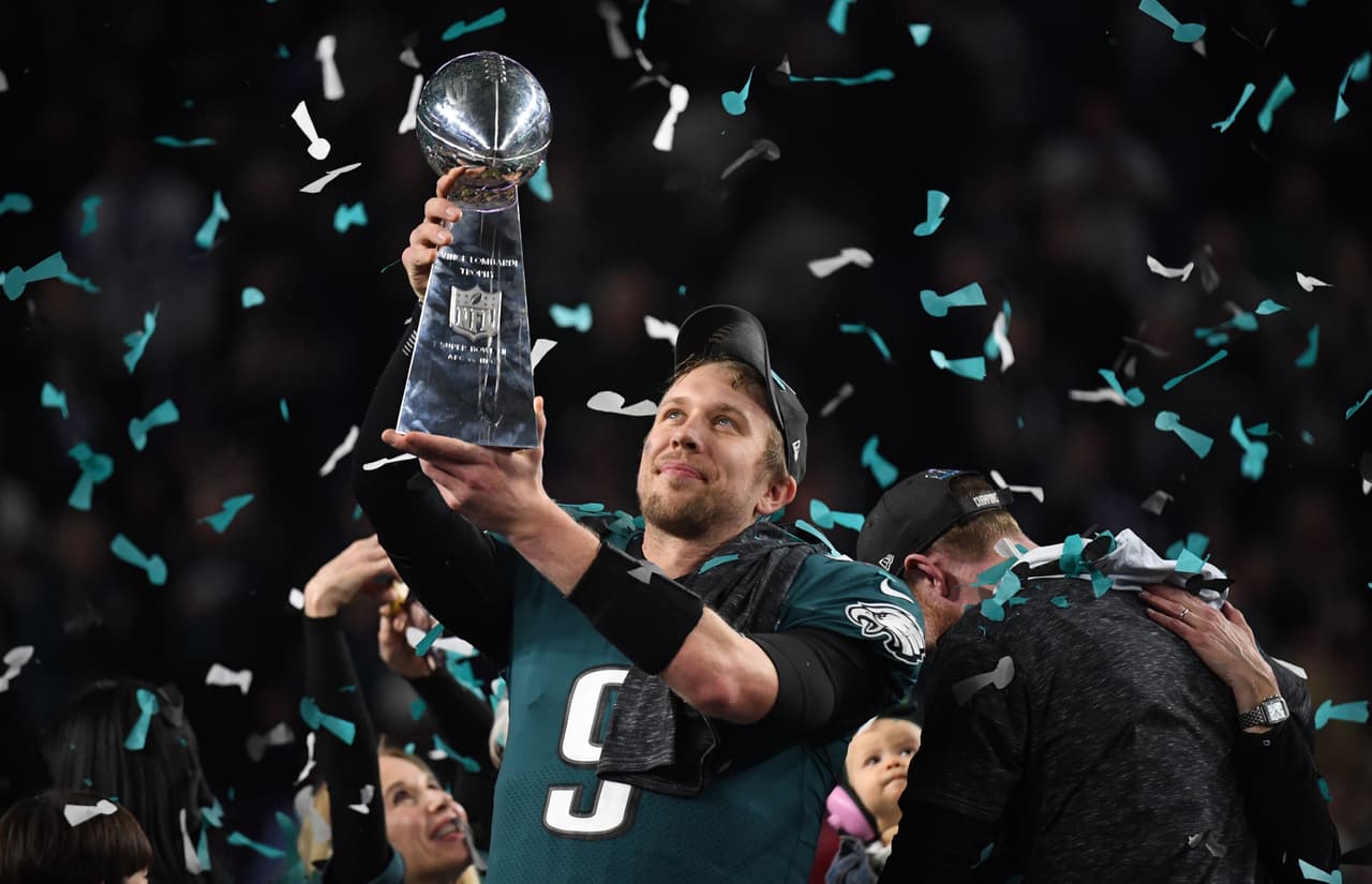 Philadephia Eagles quarterback Nick Foles celebrates after winning Super Bowl LII against the New England Patriots at US Bank Stadium in Minneapolis, Minnesota, on February 4, 2018. The Eagles won 41-33 / AFP PHOTO / TIMOTHY A. CLARY (Photo credit should read TIMOTHY A. CLARY/AFP/Getty Images)