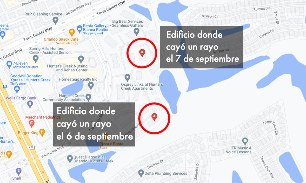 Dos rayos cayeron en el mismo complejo de apartamentos en Hunters Creek.