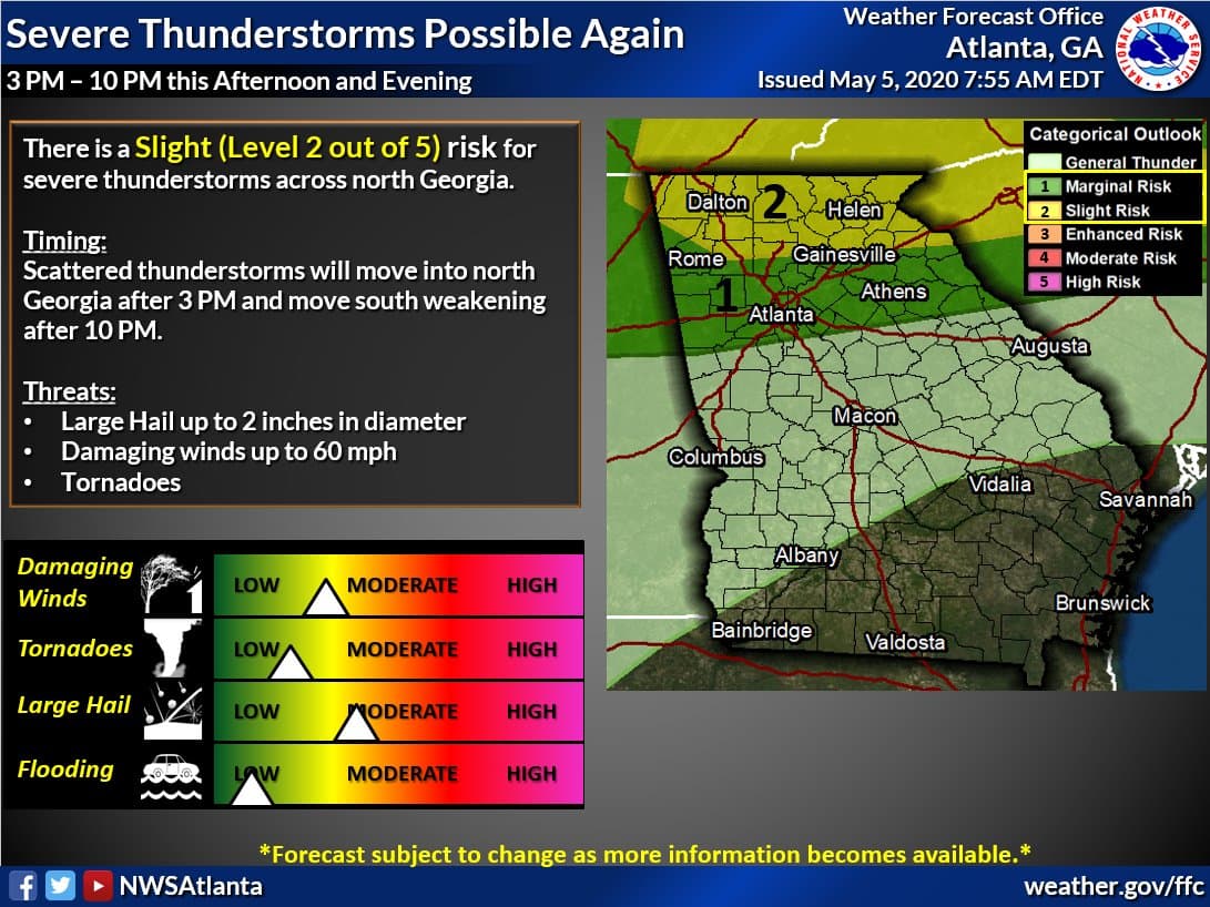 Un frente frío podría generar tormentas severas en el norte de Georgia para este 5 de mayo