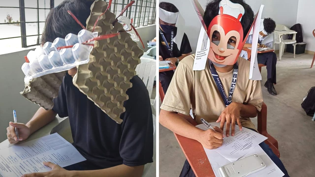 Maestra evita que sus alumnos copien en examen con sombreros 'anti-trampa': así los hicieron