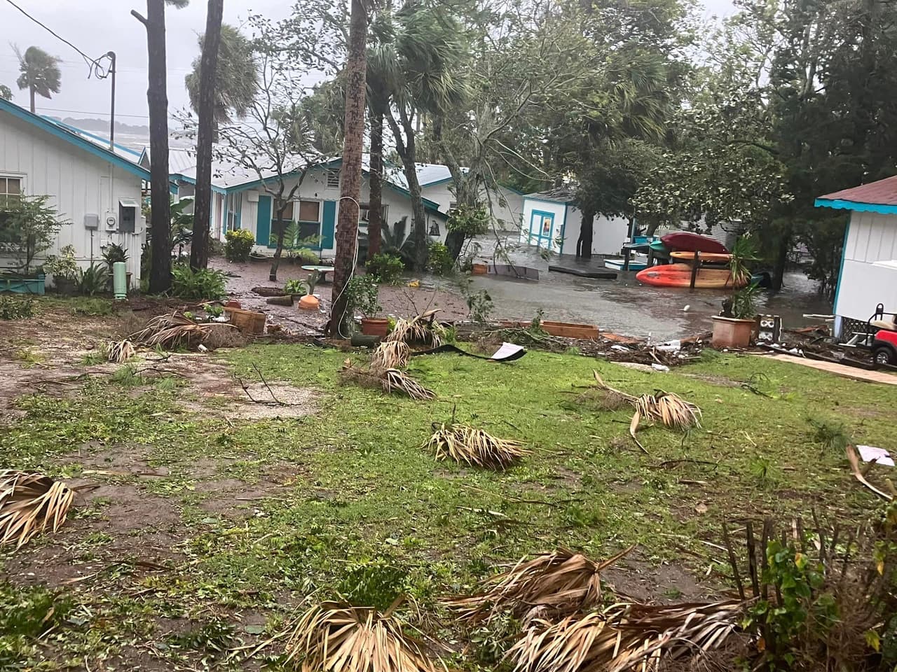 Palmeras caídas y daños en estructuras en comunidades de Cedar Key, donde se reportaron fuertes ráfagas de vientos.