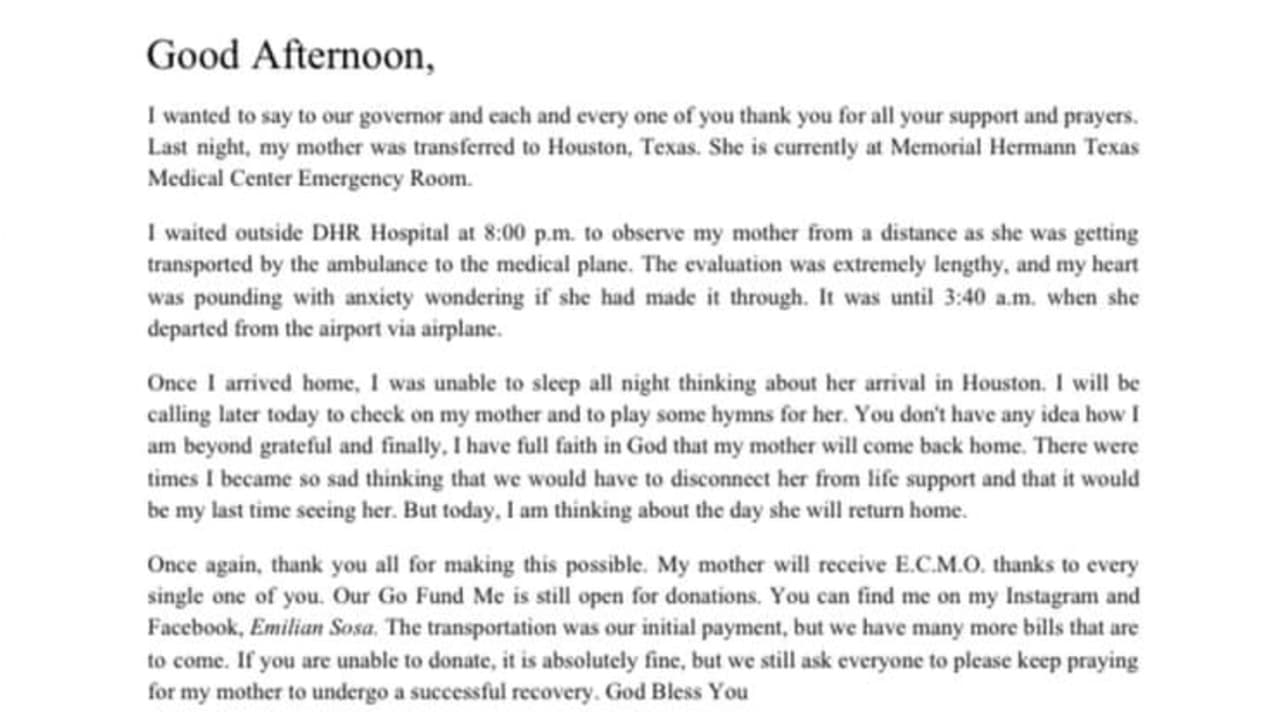 Después de que su madre llegó a Houston, Emilian agradeció el apoyo y las oraciones recibidas y lo hizo a través de una carta que publicó en sus redes sociales.