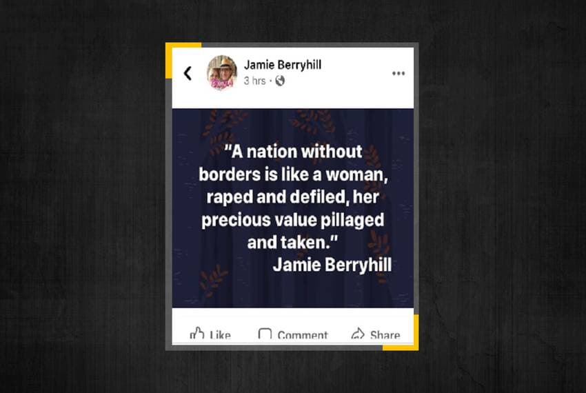 El post de Facebook de Jamie Berryhill en el que compara a una nación sin fronteras con una mujer violada.