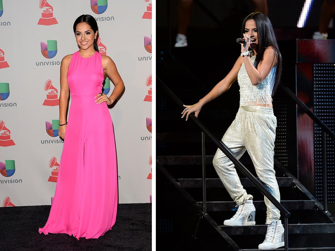 <b><span class="cms-h3-H3">BECKY G</span></b>
<span class="cms-h3-H3">.</span> En 2013 la joven cantante debutó en Latin GRAMMY y en la alfombra la vimos con un vestido rosa encendido que le cubría los pies. Para el escenario eligió un atuendo más urbano y además radiante, en color plateado.