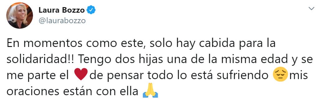 En un segundo tuit, Bozzo dijo que le "parte el alma" pensar en la difícil situación por la que atraviesa, pues ella también es madre.