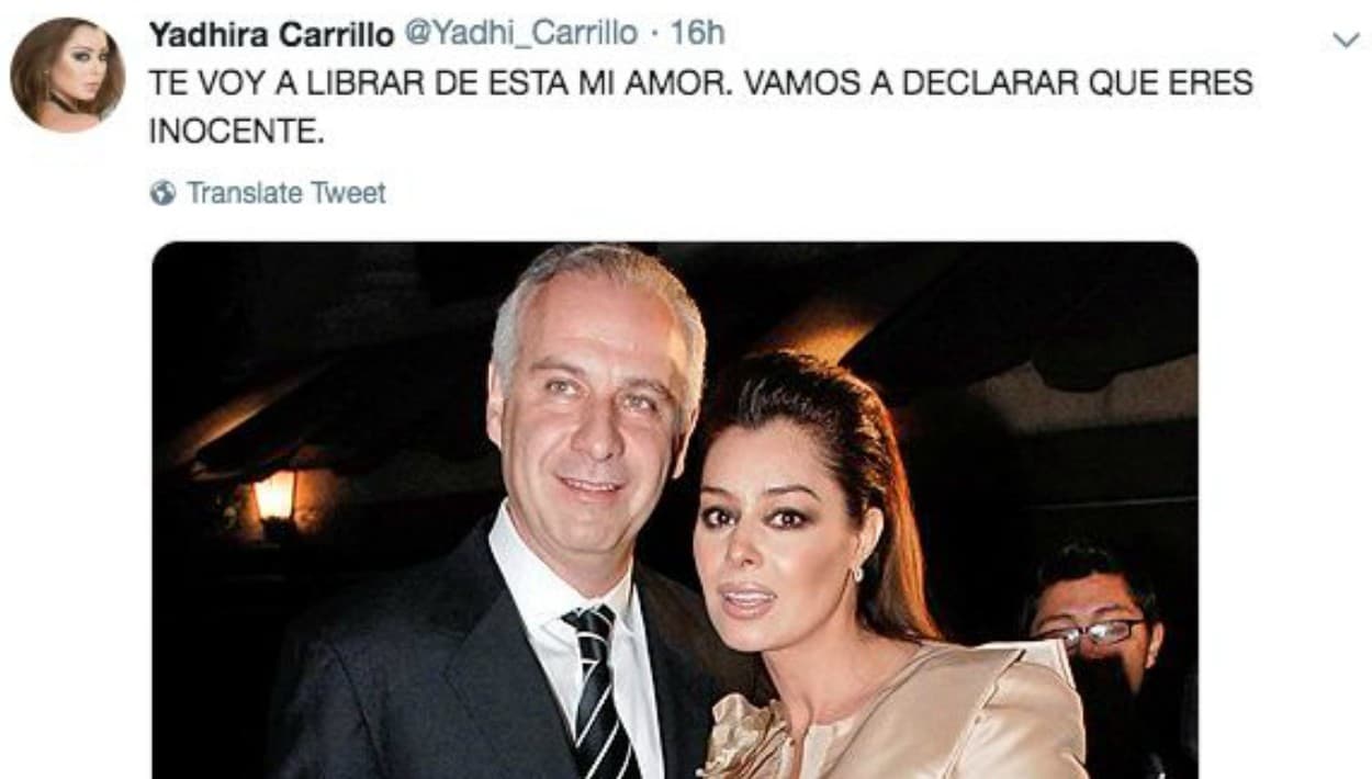 Tras enterarse de la detención de su esposo, quien recibió prisión preventiva en el Reclusorio Norte, la retirada actriz utilizó su cuenta de Twitter para
<b><a href="https://www.univision.com/famosos/te-voy-a-librar-de-esta-la-promesa-de-yadhira-carrillo-a-su-arrestado-esposo-juan-collado-fotos">hacerle una promesa: "Te voy a librar de esta mi amor</a></b>. Vamos a declarar que eres inocente".