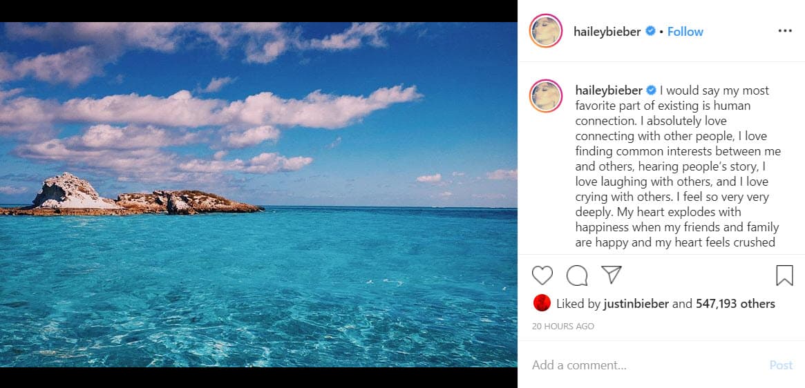 El pasado 3 de enero Hailey Bieber publicó en su cuenta Instagram lo mucho que le afectan las 
<b><a href="https://www.univision.com/famosos/hailey-baldwin-pide-acabar-con-los-dramas-falsos-tras-polemica-con-selena-gomez-fotos">comparaciones y críticas que recibe</a></b> a través de las redes sociales.