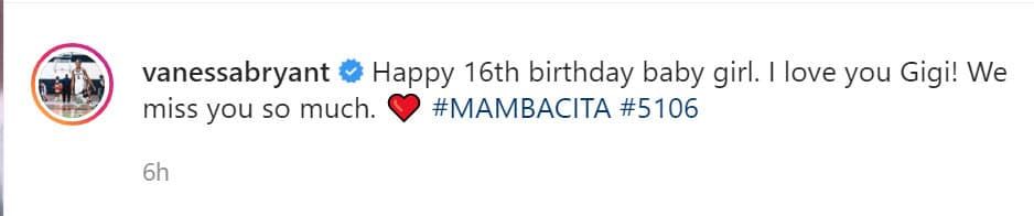 "Feliz 16 cumpleaños niña. ¡Te amo, 'Gigi'! 
<b>Te extrañamos mucho</b>", le escribió en una primera publicación junto a una serie de imágenes de la joven demostrando sus habilidades en el básquetbol, algo que heredó de su famoso padre. 
<br>