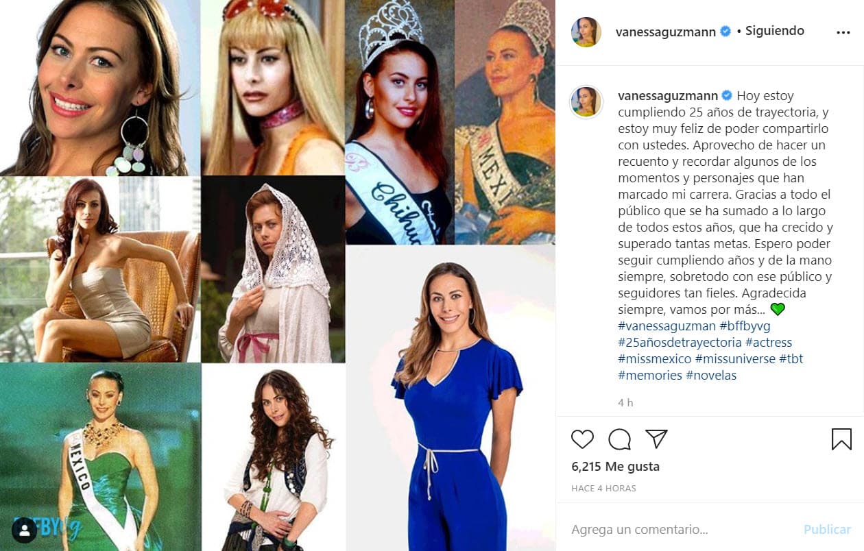 En la publicación mostró algunas imágenes de "momentos y personajes que 
<b><a href="https://www.univision.com/famosos/vanessa-guzman-habla-de-los-supuestos-conflictos-con-irina-baeva-en-la-telenovela-soltero-con-hijas-fotos">marcaron mi carrera</a></b>".
<br>