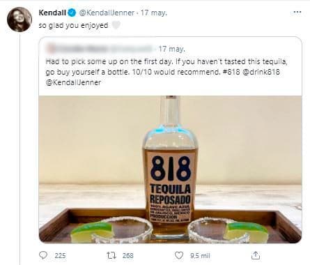 El 17 de mayo, Kendall compartió el tuit de una usuaria que comentó: "Tuve que recoger algunos el primer día. Si no has probado este tequila, cómprate una botella". Jenner le dio RT y agregó un mensaje: "Me alegro de que lo hayas disfrutado".
