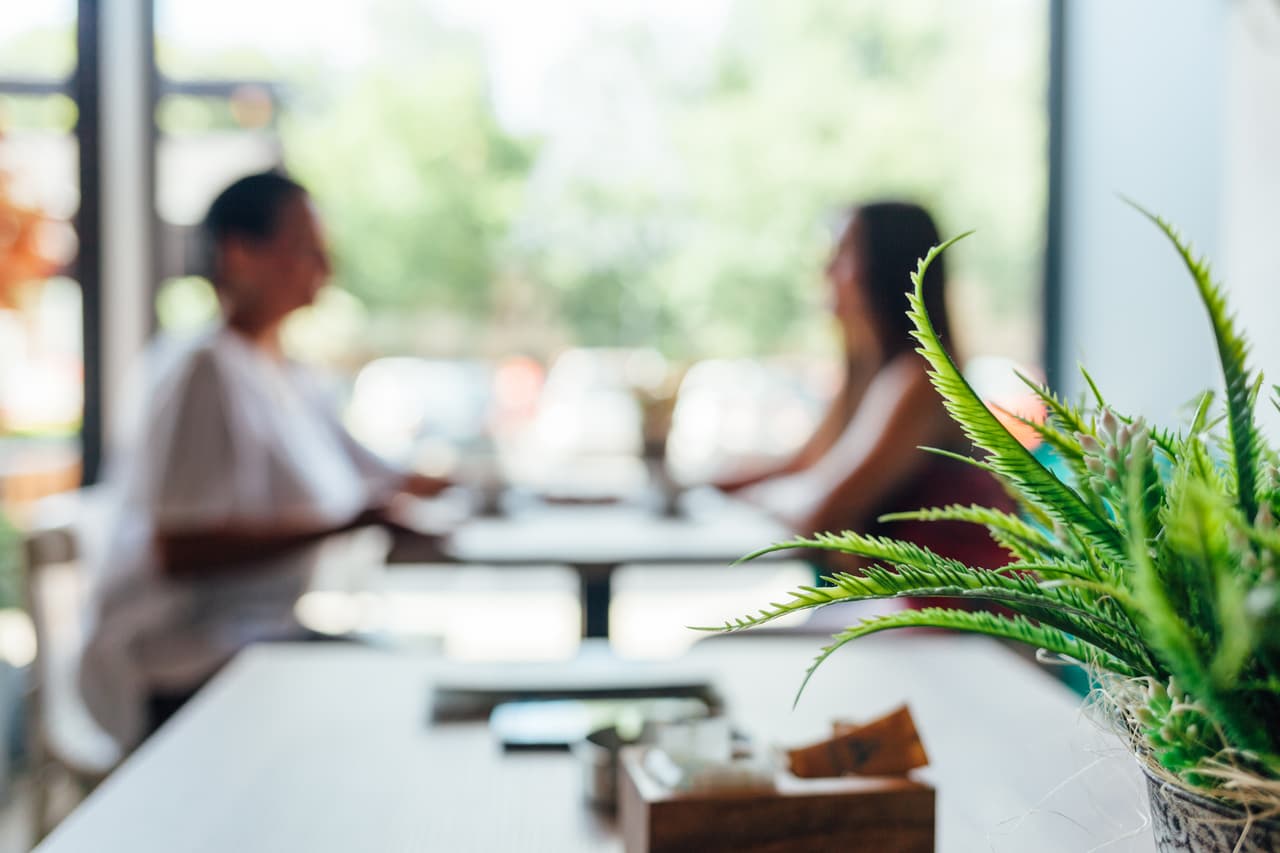 Cafe background. Two women talking in cafe.