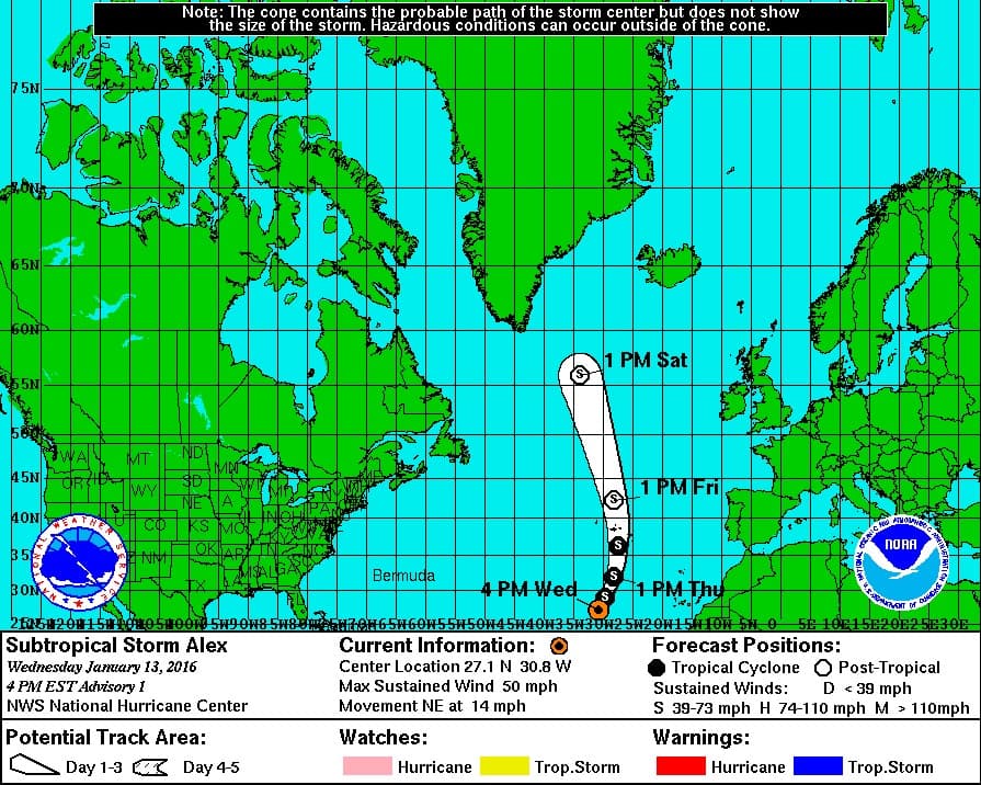 Se forma tormenta subtropical Alex en el Atlántico 