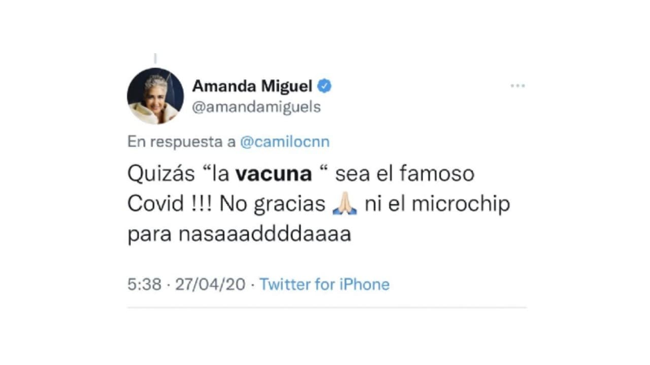 Amanda Miguel en contra de las vacunas.