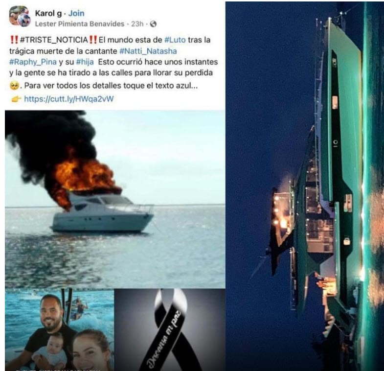 Pina publicó tomas de pantalla de la supuesta cuenta y las imágenes que se difundieron. En ellas se ve un yate en llamas. 
<br>