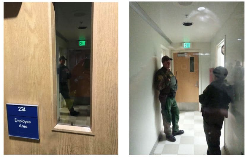 Agentes fronterizos conversan en una zona de "solo para empleados" en una estación de Greyhound en Washington.