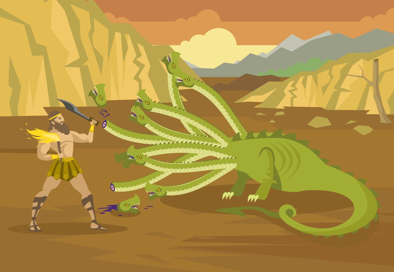 Heracles cortó al final la cabeza principal, la tomó en sus poderosas manos y la llevó hasta un agujero enorme que hizo y tapó con una piedra que sólo él podía mover.