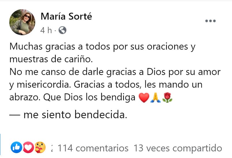 "No me canso de darle gracias a Dios por su amor y misericordia. Gracias a todos, les mando un abrazo. Que Dios los bendiga", finalizó.
<br>
