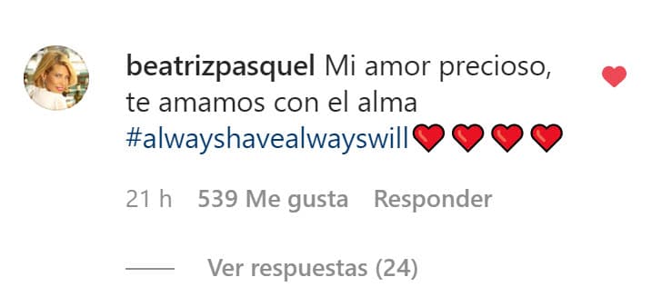 "Mi amor precioso, 
<b><a href="https://www.univision.com/famosos/beatriz-pasquel-madrastra-frida-sofia-desmiente-con-fotos-familiares-alejandra-guzman-fotos" target="_blank">te amamos con el alma</a></b>", le contestó Beatriz Pasquel, la actual esposa del empresario, a Frida Sofía.