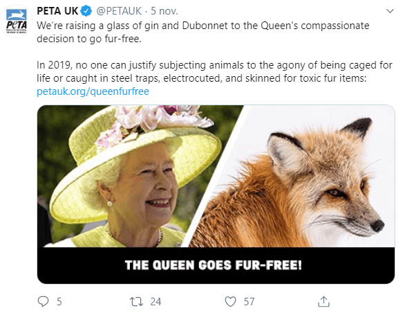 La división británica de PETA aplaudió esta decisión de la reina Isabel a través de Twitter, la cual calificó de “compasiva”.