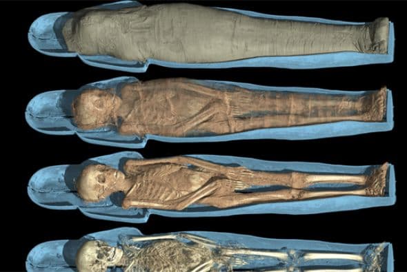 Los investigadores analizaron las momias capa por capa para construir una imagen en 3D en alta definición. Una vez digitalizado, el personal del Museo Británico pudo deshacerse de cada una de ellas para ver la cara de la persona embalsamada bajo los vendajes. (Crédito: British Museum)