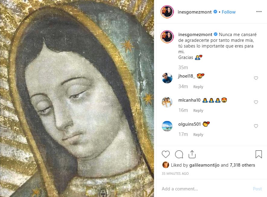 <b><a href="https://www.univision.com/famosos/ines-gomez-mont-incumple-su-promesa-de-volver-a-la-television-antes-de-fin-de-ano-fotos">Inés Gómez Mont</a></b> ha tenido un complicado 2019, entre los problemas con su expareja por supuestamente no dejarlo ver a sus hijos y su reciente cirugía en la cabeza. La presentadora le expresó su amor y agradecimiento a la virgen en redes sociales: "Nunca me cansaré de agradecerte por tanto madre mía, tú sabes lo importante que eres para mi. Gracias".