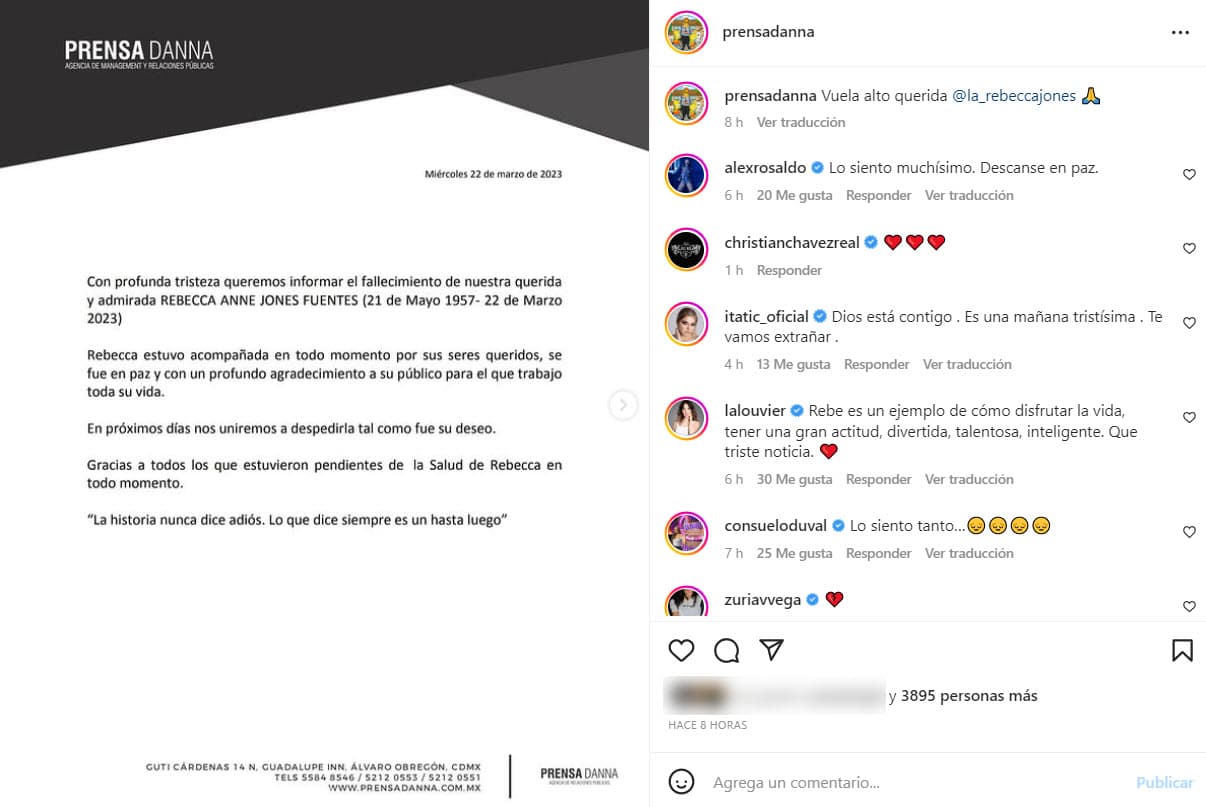 Comunicado de prensa sobre la muerte de Rebecca Jones.