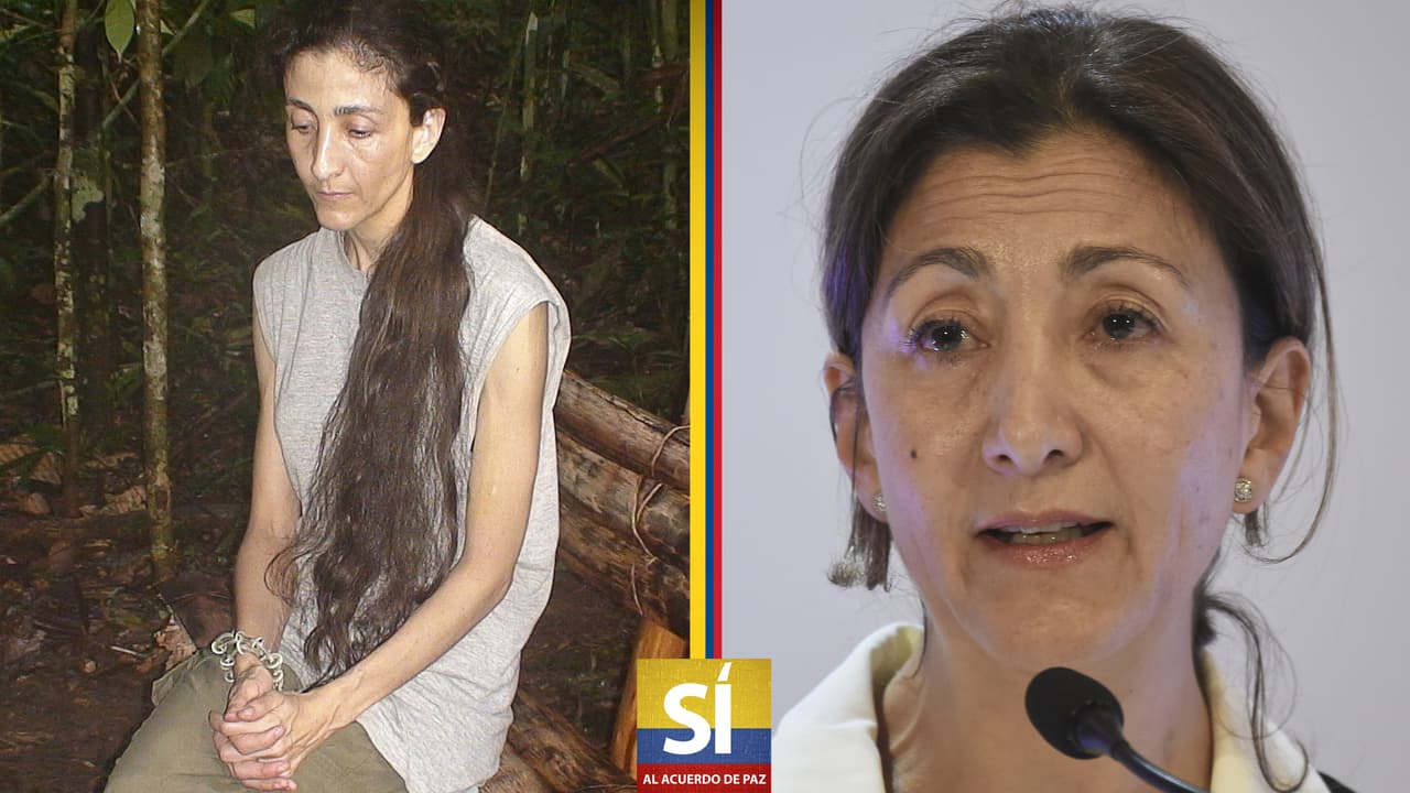 La excandidata presidencial en su cautiverio en la selva (2007), y en un foro sobre la reconcilicación en Bogotá (2016).