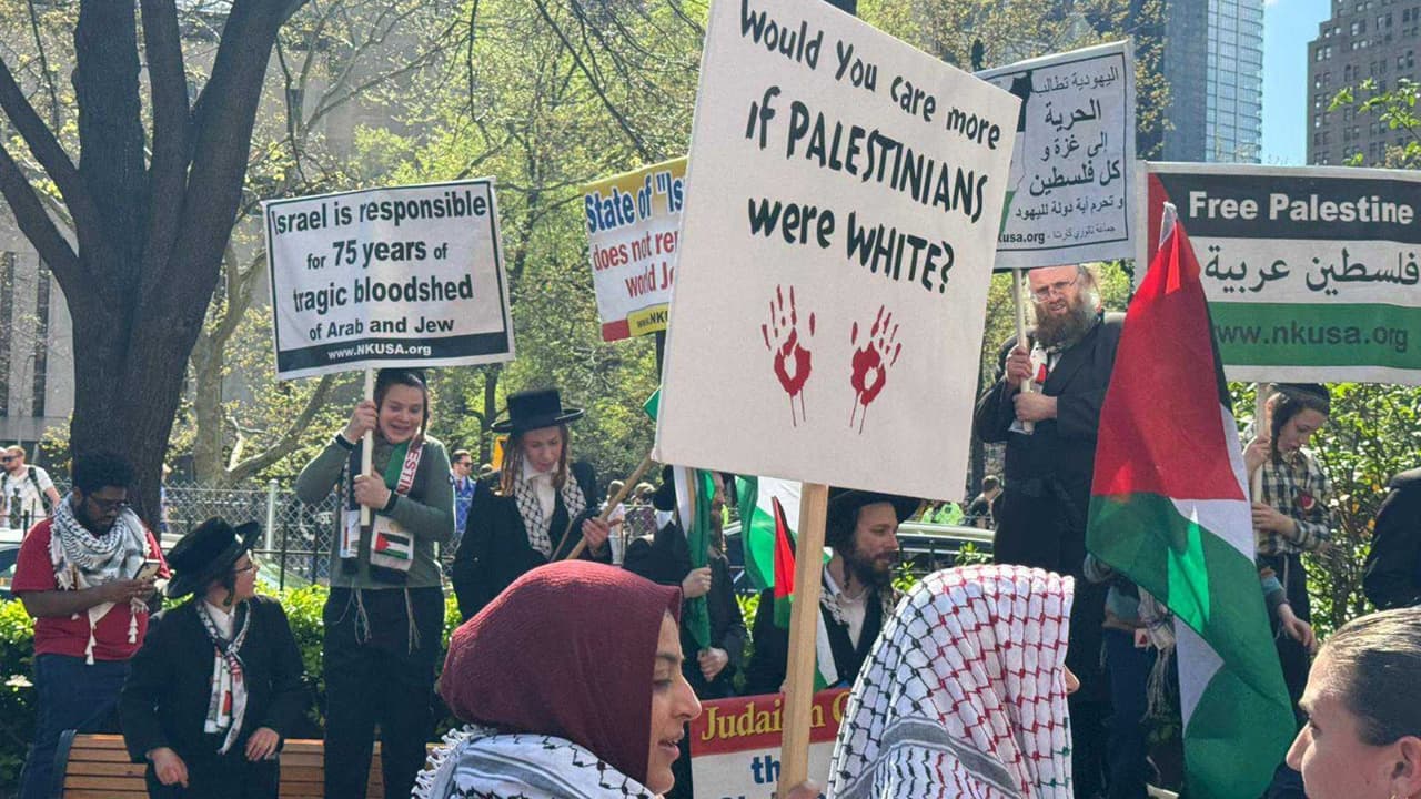 <b>"¿Te importaría más si las palestinas fueran blancas?"</b>, pregunta una de las pancartas de los manifestantes. Otro cartel expresó: 
<b>"Israel es responsable de 75 años de trágico derramamiento de sangre entre árabes y judíos"</b>.