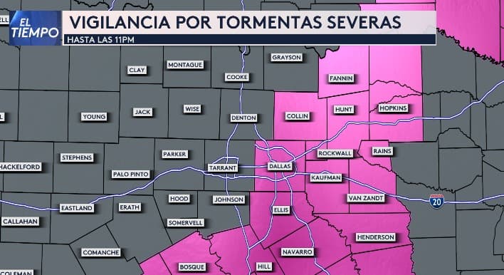 Hasta las 11 p. m., se espera afectación en áreas de 
<b>los condados Dallas, Collin y Ellis</b>. Existen condiciones propicias para la formación de 
<b>tormentas severas con granizo de gran tamaño y ráfagas de viento intensas </b>en las próximas horas.