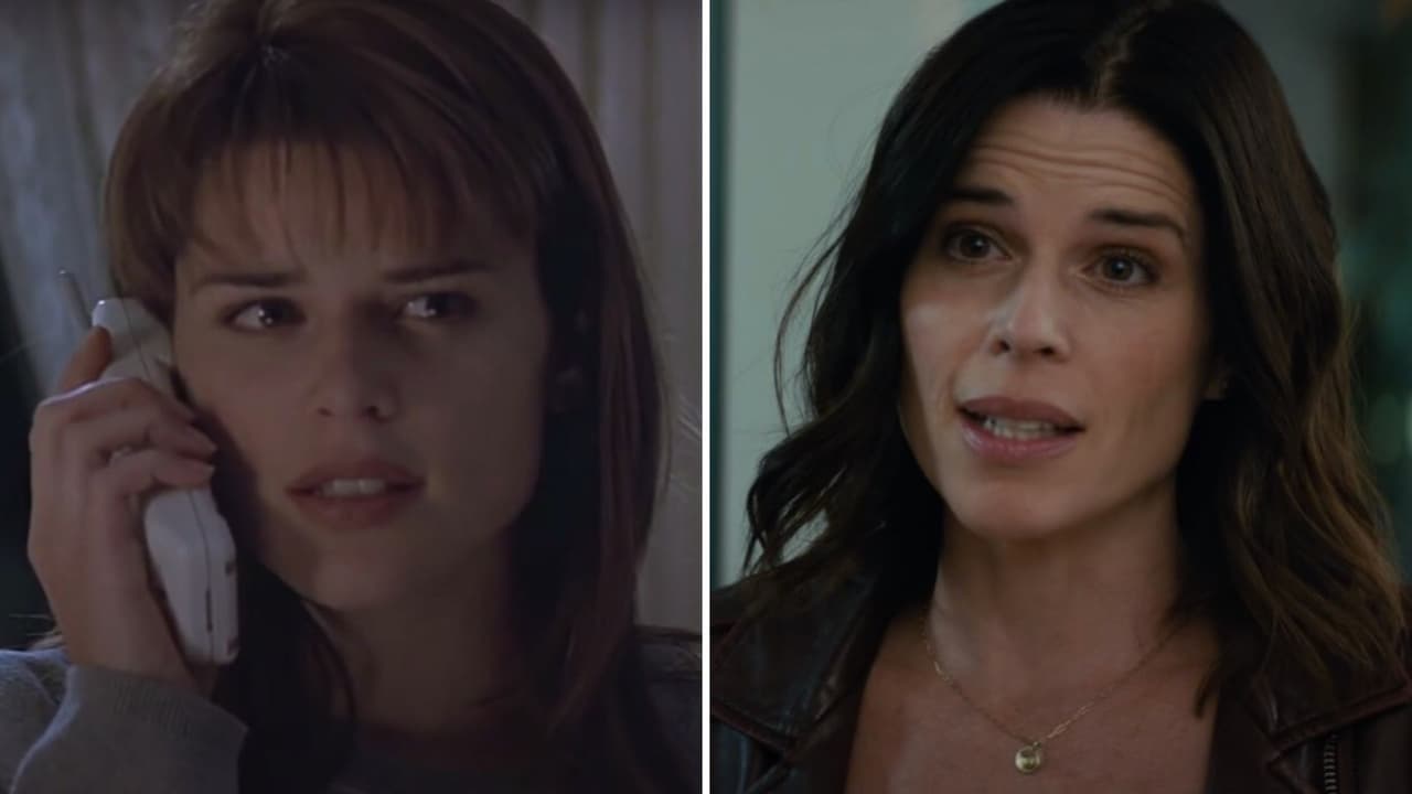 Neve Campbell en la primera y quinta película de 'Scream'.