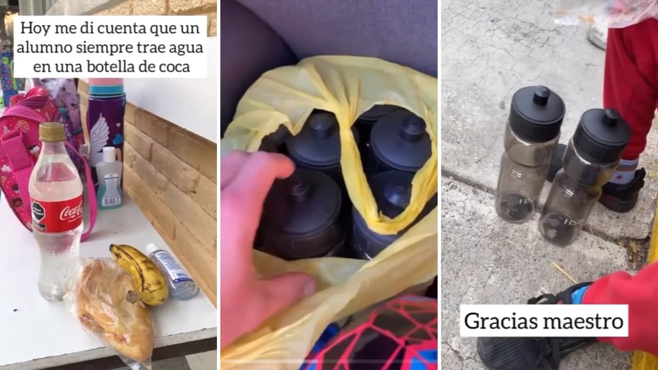 Maestro le regala botella de agua a uno de sus alumnos