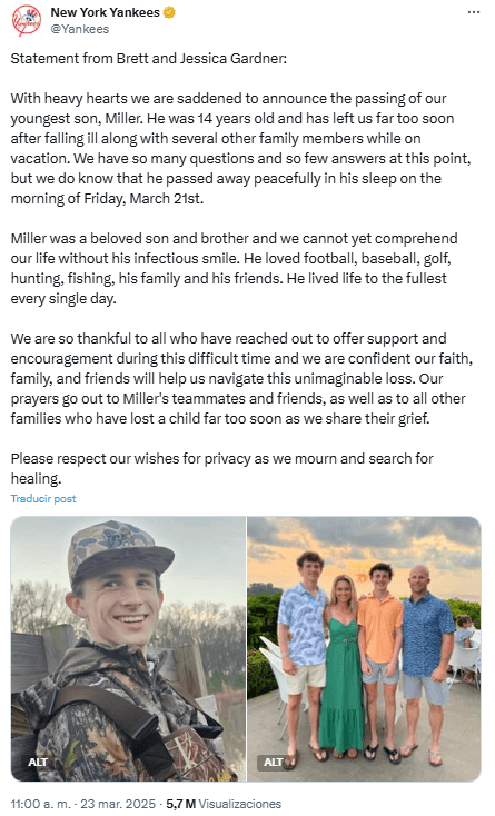 Miller, hijo de Brett Gardner, murió a los 14 años.