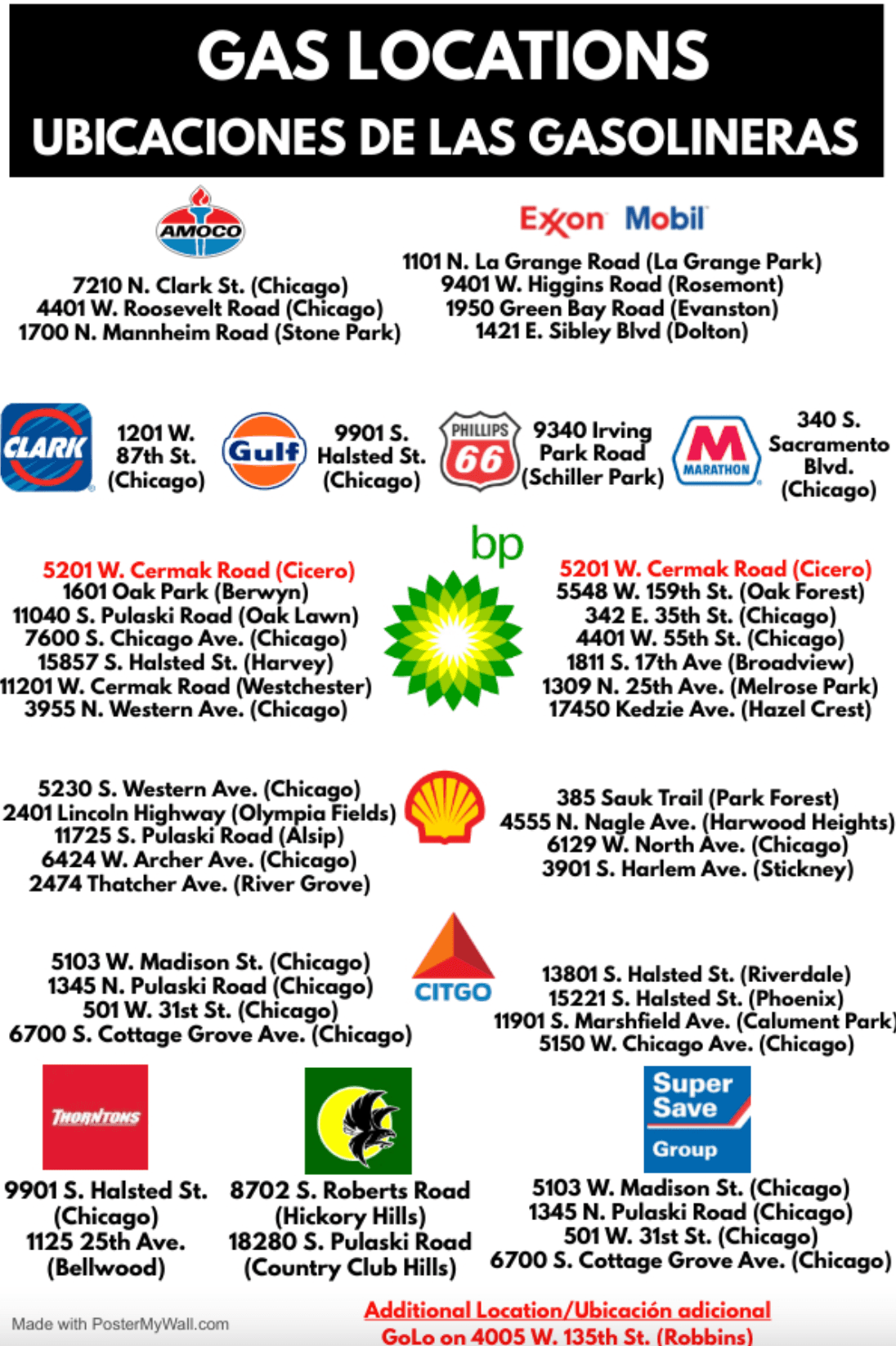 Estaciones en Cicero participantes en promoción de gasolina gratis.
