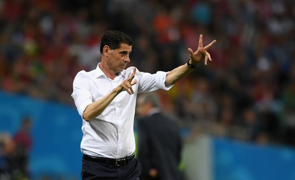 SOCHI, RUSSIA - JUNE 15: spain coach Fernando Hierro reacts during the 2018 FIFA World Cup Russia group B match between Portugal and Spain at Fisht Stadium on June 15, 2018 in Sochi, Russia. (Photo by Stu Forster/Getty Images)