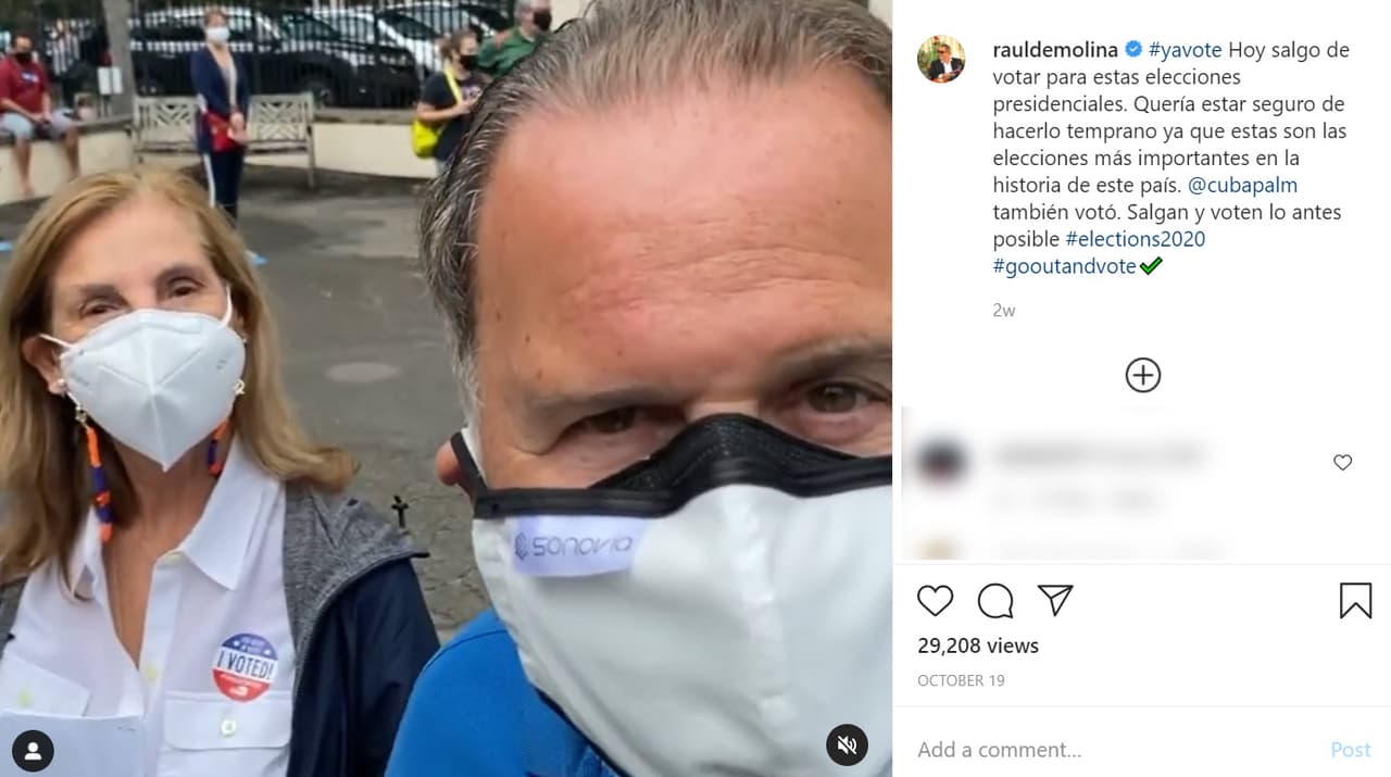 <b><a href="https://www.univision.com/famosos/raul-de-molina-y-mily-felicitan-a-mia-en-su-cumpleanos-20-por-la-cuarentena-no-celebrara-con-sus-amigas-video" target="_blank">Raúl de Molina</a></b>, junto con su esposa Mily, votaron desde el pasado 19 de octubre e invitaron a sus seguidores a no dejar de hacerlo. "Hoy 
<b><a href="https://www.instagram.com/p/CGh49bNgIlz/?igshid=5svcbzoac21u" target="_blank">salgo de votar para estas elecciones </a></b>presidenciales. Quería estar seguro de hacerlo temprano ya que estas son las elecciones más importantes en la historia de este país. Mily también votó. Salgan y voten lo antes posible".
