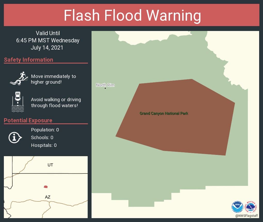 <a href="https://twitter.com/NWSFlagstaff/status/1415440306611257345/photo/1" target="_blank">El Servicio Meteorológico Nacional Flagstaff</a> emitió una advertencia de inundaciones repentinas para el condado de Coconino hasta las 6:45 pm del miércoles 14 de julio. 
<br>