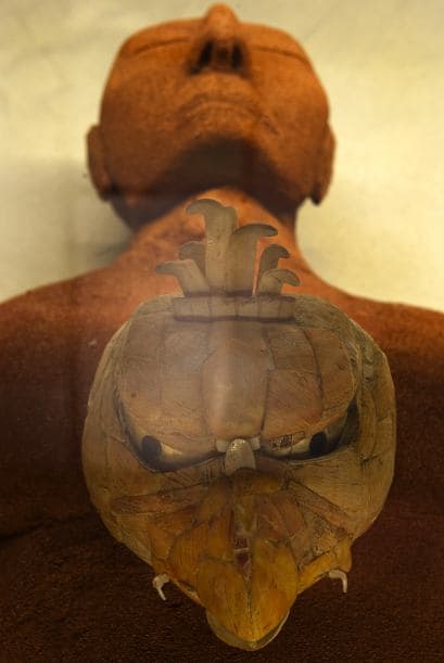 Rostros de la Divinidad reúne "por vez primera y completas" seis ofrendas funerarias de dignatarios mayas: una de Palenque, dos de Calakmul, dos de Dzibanché, y otra de Oxkintok, Yucatán, esta última carece de máscara de piedra verde, pero posee un mosaico zoomorfo de concha.