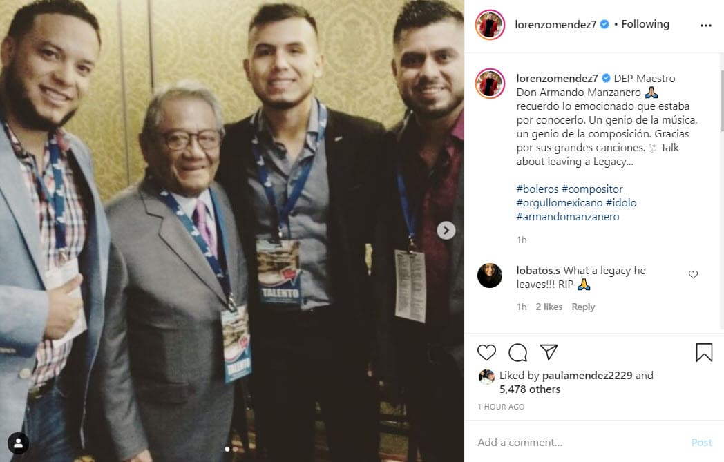 Lorenzo Méndez revivió el momento y la emoción que sintió cuando tuvo la oportunidad de conocer a Manzanero: “DEP Maestro Don Armando Manzanero. Recuerdo lo emocionado que estaba por conocerlo. Un genio de la música, un genio de la composición. Gracias por sus grandes canciones. Talk about leaving a legacy...”, escribió en Instagram.
<br>