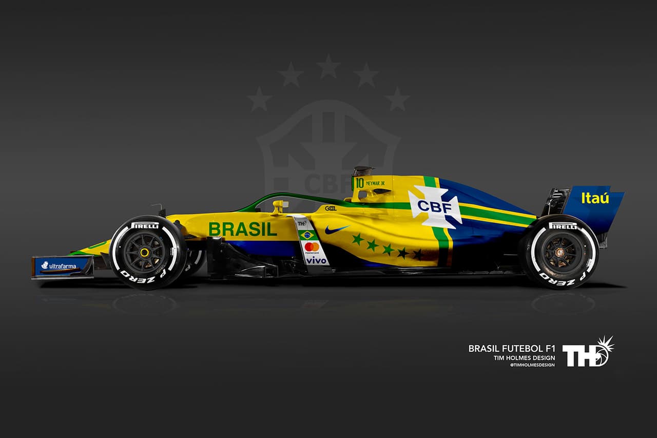 <b>Brasil</b>
<br>Un auto colorido es lo que esperábamos para la selección 'verde-amarela'. Tim Holmes, aprovecha el símbolo de la cruz que tiene el escudo de la Confederación Brasileña de Fútbol (CBF) para separar el amarillo del azul, los colores de los dos uniformes de la selección brasileña, en el monoplaza. 
<br>Jugador: N° 10 Neymar Jr. (delantero)
<br>
