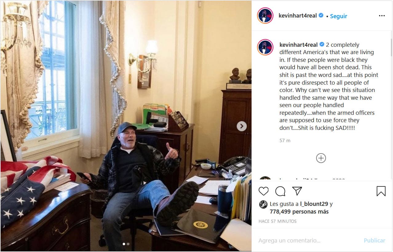 "2 Estados Unidos completamente diferentes en los que vivimos. Si estas personas fueran negras, las habrían matado a tiros. Esta mierda está más allá de la palabra 'triste'... En este punto es pura falta de respeto a todas las personas de color. ¿Por qué no podemos ver esta situación manejada de la misma manera que hemos visto a nuestra gente manejada repetidamente?... Cuando se supone que los oficiales armados deben usar la fuerza, no lo hacen... ¡Mierda, es jodidamente triste!".