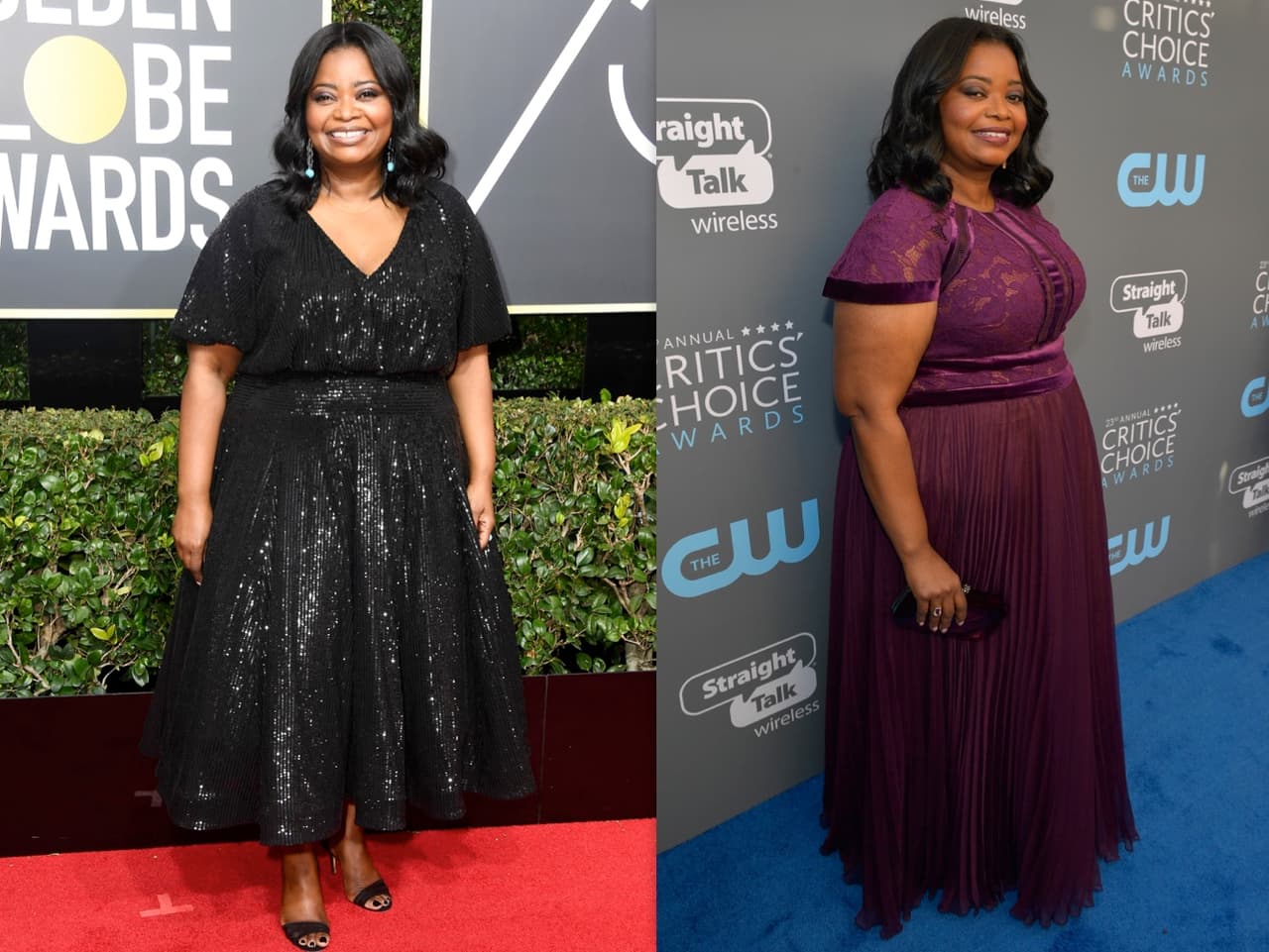 La actriz Octavia Spencer, ganadora de un Globo de Oro en el 2012 por su actuación en 'The Help', usó un vestido con un corte parecido para ambos eventos, aunque para los Critics' optó por el color vino.