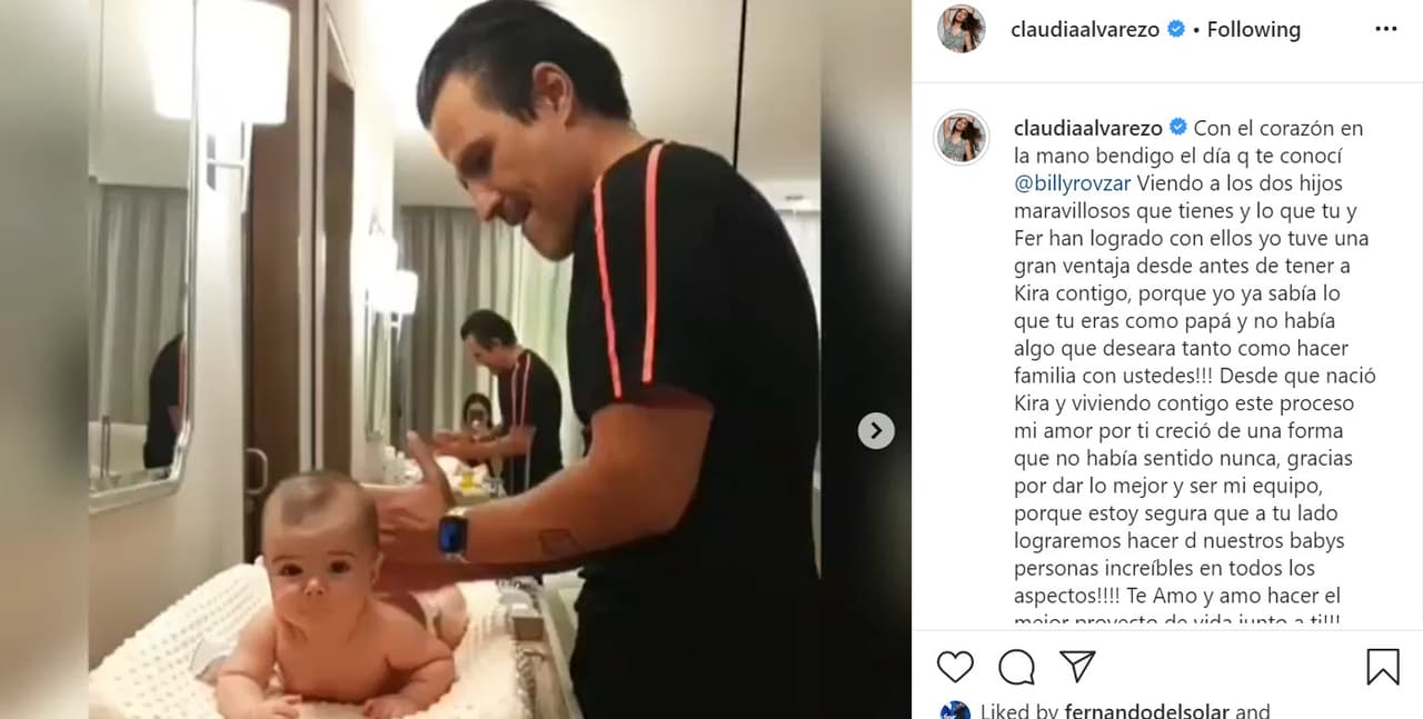 <b><a href="https://www.univision.com/famosos/comida-con-hormigas-y-trato-con-las-actrices-claudia-alvarez-responde-a-las-preguntas-mas-directas-de-sus-fans-video" target="_blank">Claudia Álvarez</a></b> también felicitó a su esposo y padre de su hija, Kira, Billy Rovzar: "Con el corazón en la mano bendigo el día que te conocí Billy Rovzar. Viendo a los dos hijos maravillosos que tienes y lo que tú y Fer han logrado con ellos yo tuve una gran ventaja desde antes de tener a Kira contigo porque yo 
<b><a href="https://www.instagram.com/p/CBs6t2Wp5Js/?igshid=1ko0knh4yt8ls" target="_blank">ya sabía lo que tú eras como papá</a></b> y no había algo que deseara tanto como hacer familia con ustedes".