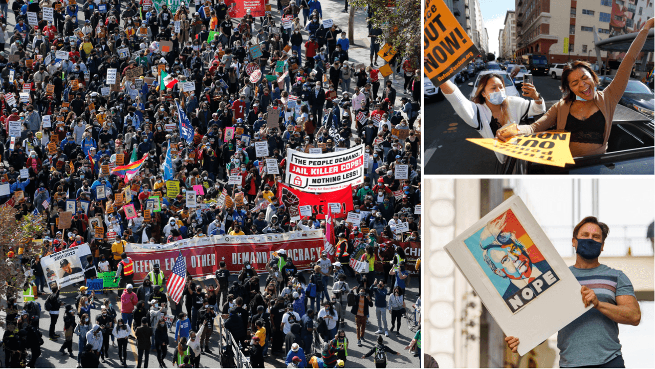 Tras días de tensiones, en Los Ángeles, crecen las manifestaciones de celebración por el triunfo de Joe Biden y Kamala Harris, tras las proyecciones de los conteos oficiales de votos, este sábado por AP.
<br>