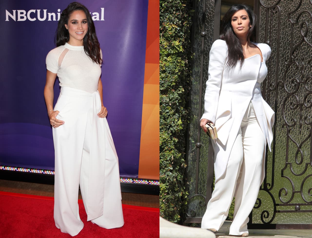 En 2015 Meghan Markle visitó la NBC y volvió a apostar por un atuendo de un solo color, esta vez el elegido fue el blanco. Para el evento eligió una blusa blanca de manga corta y un pantalón de pierna amplia. Un par de años antes, Kim se enfundó un traje conformado por un abrigo largo y pantalones sueltos. Ambas lograron que la atención se enfocara en los detalles de los hombros.