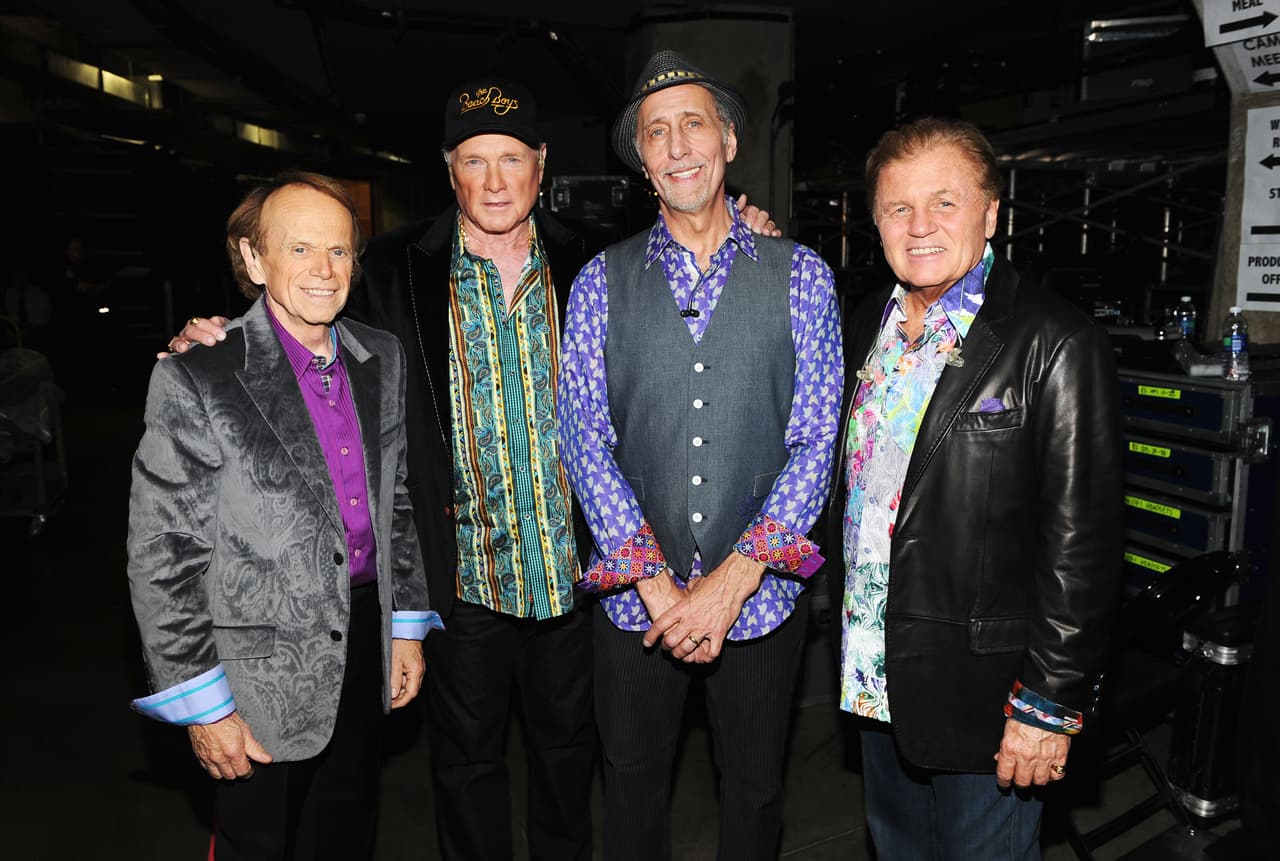 LOS ANGELES, CA - FEBRUARY 12: Musicians Al Jardine, Mike Love, David Marks and Bruce Johnston of The Beach Boys backstage at the 54th Annual GRAMMY Awards held at Staples Center on February 12, 2012 in Los Angeles, California.