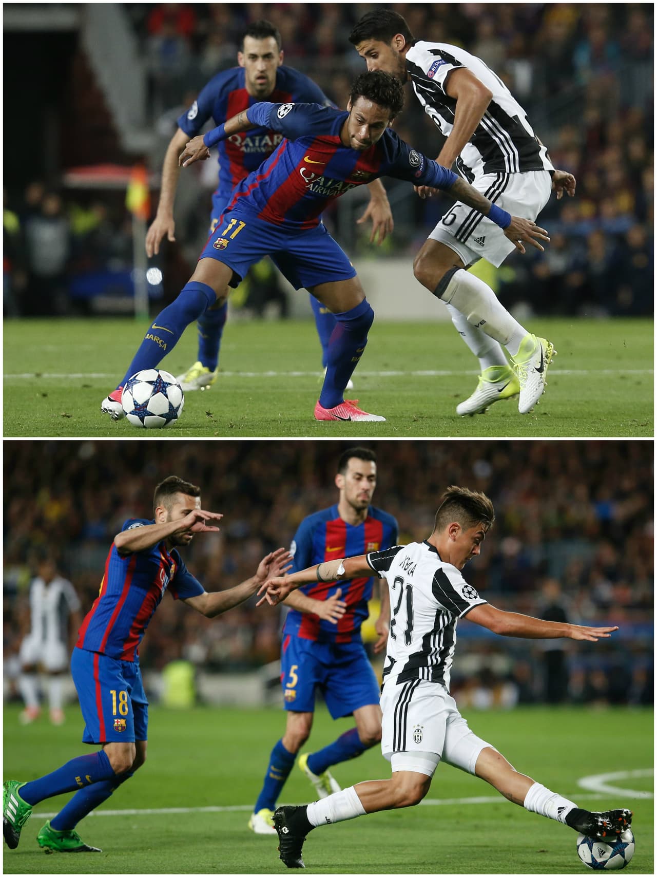 A) Busquets cubre la espalda de Neymar en caso de que pierda la pelota para prevenir el contragolpe. B) Busquets hace el 'escalonamiento' con Jordi Alba para frenar a Dybala.