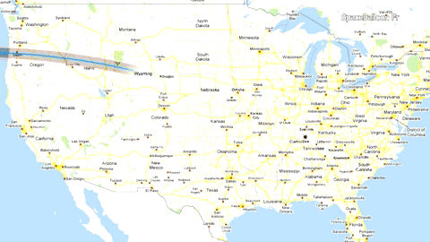Se verá de Oeste a Este. Atravesará Oregon, Idaho, Wyoming, Montana, Nebraska, Iowa, Kansas, Misuri, Illinois, Kentucky, Tennessee, Georgia y Carolina del Norte y Carolina del Sur.