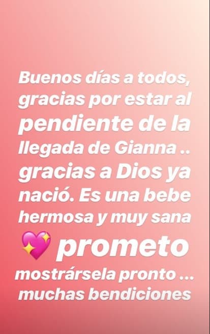 La mañana de este martes 17, la misma Kimberly dio la noticia del nacimiento de Gianna, prometiendo a sus seguidores mostrar a su hija muy pronto.