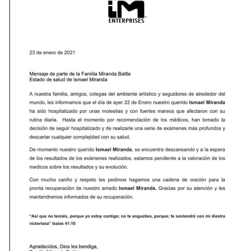 El cantante 
<b><a href="https://www.instagram.com/p/CKZPmDchurP/" target="_blank">había presentado "fuertes mareos"</a></b>, lo que llevó a los médicos a tomar la decisión de mantenerlo en observación.
<br>