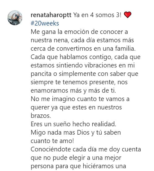 Haro, con 20 semanas de embarazo, dijo que han estado "sintiendo vibraciones" en su pancita: "No me imagino cuánto te vamos a querer ya que estés en nuestros brazos.
<b> Eres un sueño hecho realidad</b>".
<br>
